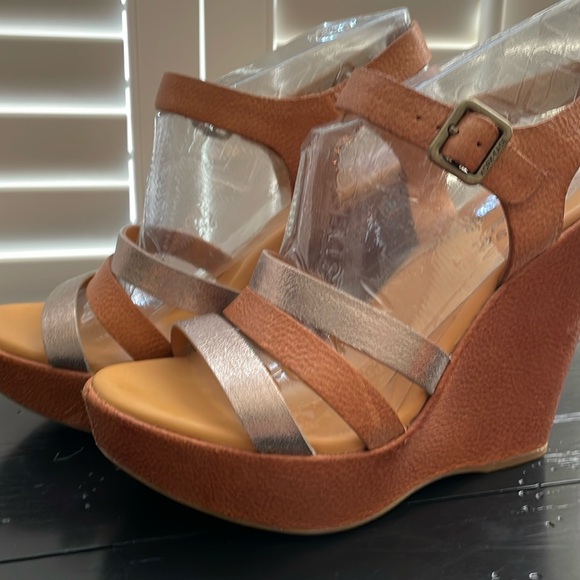 EUC Kork-Ease neutral tan and silver metallic strap high wedge sandals - Picture 5 of 12